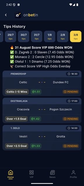 Daily tips with fixtures, odds and results